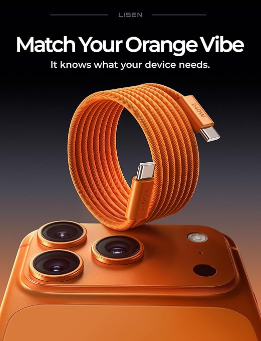 LISEN USB C to USB C Cable, 240W C to C Cable Fast Charging [3.3 FT, 2 Pack] Type C Charger Fast Charging USBC to USBC Cable for iPhone 17 16 15 Pro Max iPad MacBook Neo Air Pro Samsung S26, Orange