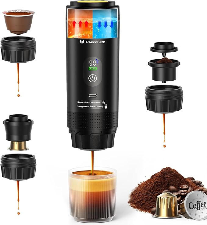 6-in-1 Portable Electric Espresso Machine–20Bar Self‑Heating camping coffee maker with 7500mA Battery,Display,compatible with Large/Small Capsules&Coffee Powder for Travel,Camping,Car&Office