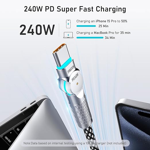 USB C to USB C Cable 10FT 240W, 180°Rotating USB C Cable Braided Type C Charger Cable Fast Charge for iPhone 16/16Pro/16Plus/16ProMax,MacBook Air,iPad Pro,Pixel,Samsung Galaxy S23/S24 Ultra-Black