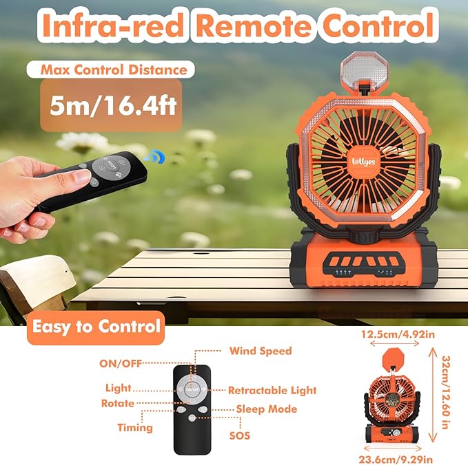 Portable Fan, AI Outdoor Rechargeable Camping Fan with Light, 20000mAh Battery Powered, 360° Rotating Hook, 4 Speeds for Indoor, Traveling, Tenting, RVing, Fishing, Beach (Orange)