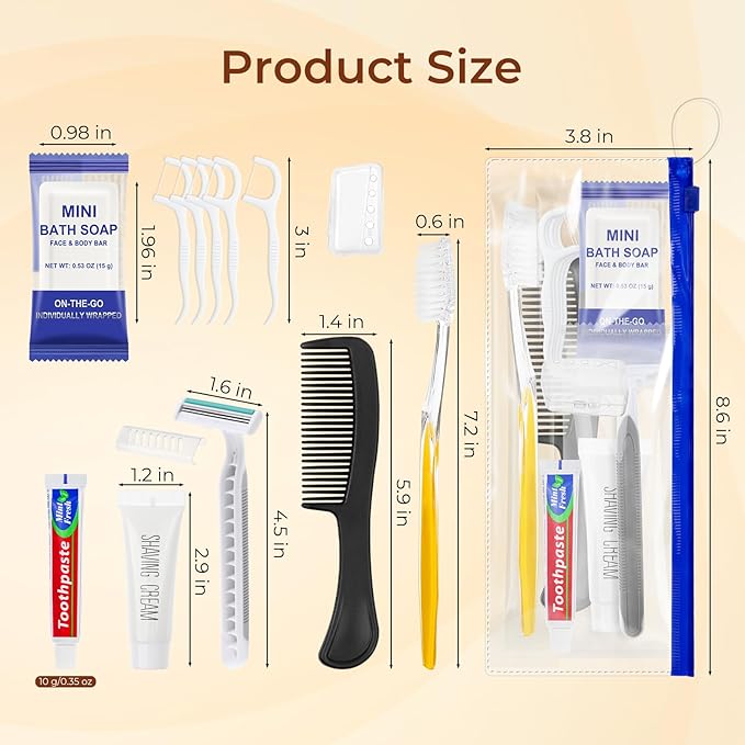 100 Sets Personal Hygiene Kit Bulk,Yellow Basic Travel Toiletry Supplies Disposable Toothbrushes with Toothpaste Floss Comb Soap Cover and Razors Set for Homeless,Guests,Church