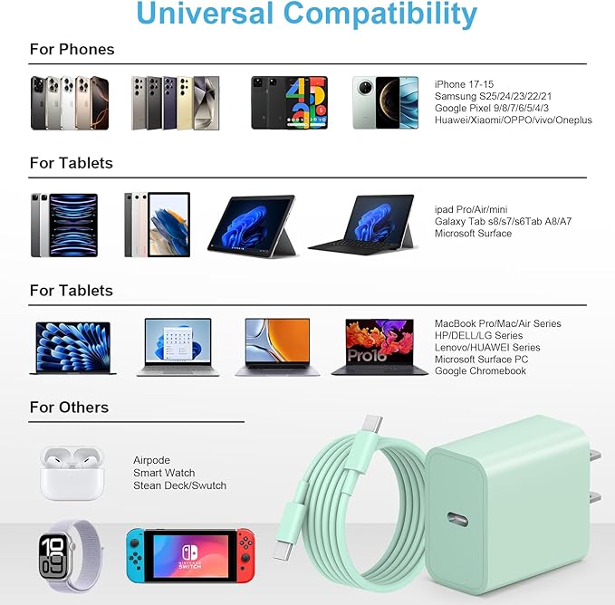 iPhone 17 16 15 Charger Fast Charging, [ETL Certified] 2 Pack 10FT USB C Charger Cable with 20W Type C Fast Charging Block for iPhone 17/17 Pro/17 Pro Max/16/16 Pro/16 Pro max/16 Plus/15（Green）