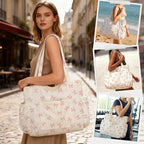 Corduroy Tote Bag for Women,Large Capacity Cute Tote Bags With 6 Pockets,Crossbody Shoulder Handbag for Work Travel Gym