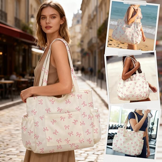 Corduroy Tote Bag for Women,Large Capacity Cute Tote Bags With 6 Pockets,Crossbody Shoulder Handbag for Work Travel Gym