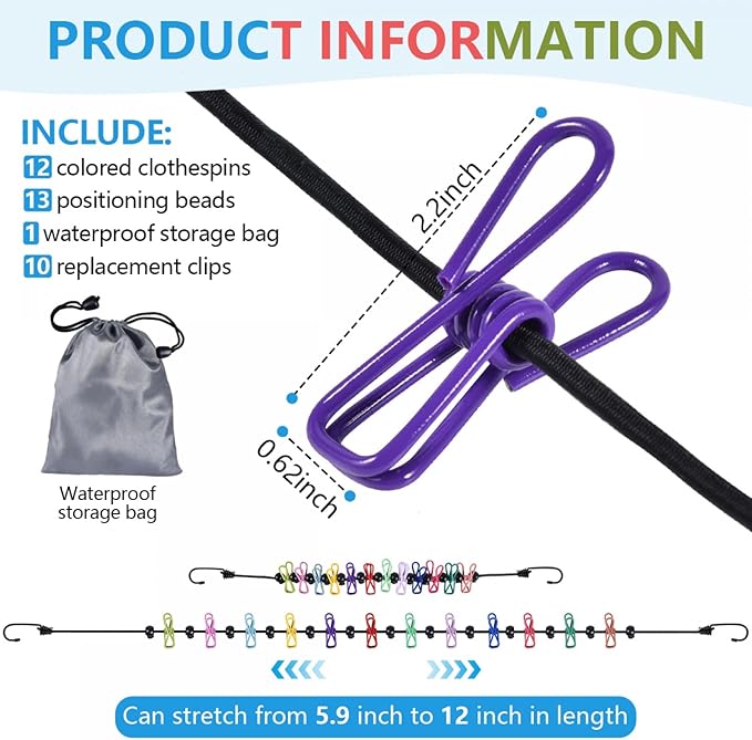 SenseYo Retractable Portable Clothesline for Travel with 22 Clothespins, Camping Clothes line for Indoor Outdoor Balcony Hotel Room Laundry Drying