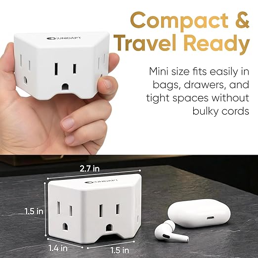 Unidapt 2 Prong to 3 Prong Outlet Adapter, 3 AC Outlet Wall Plug Extender, Polarized Plug for Non-Grounded Outlet in Old House, 1875W/15A, Cruise Essentials, 2 Pack