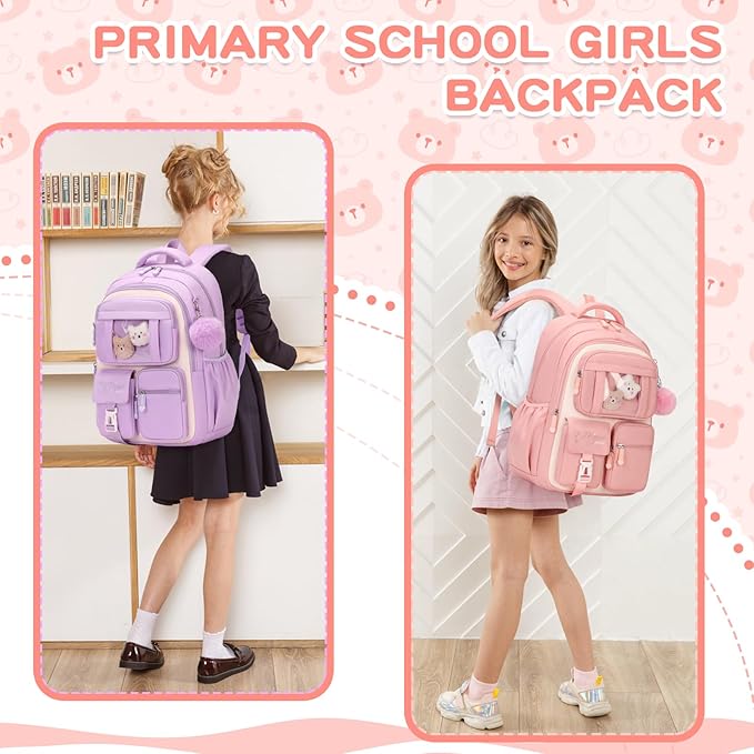 PIG PIG GIRL Kids Backpack for Girls School Bags for Middle School Students Book Bag for Elementary Primary Kawaii Ita Backpack, Pink and Beige