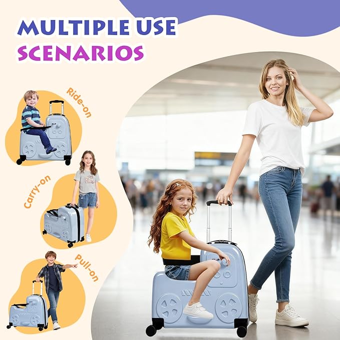smilesun 22" Kids Ride-On Suitcase with Safety Strap, Multifunctional Kids' Luggage with Double Spinner Wheels, Durable and Lightweight for Boys and Girls Ages 2-10 (Blue, 22-inch)