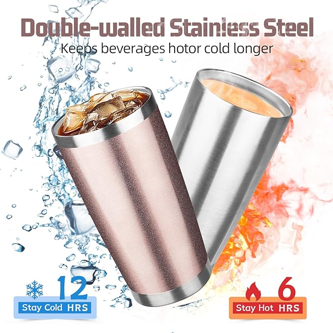20 oz Tumbler with Lids and Straws, Stainless Steel Insulated Travel Coffee Mug, Double Wall Vacuum Insulated Tumblers, Powder Coated Coffee Tumbler for Cold & Hot Drinks (Rose Gold,4pack)