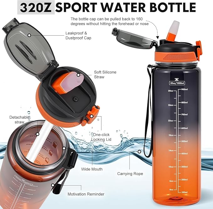 Water Bottle with Straw 1L,Boys Water Bottles with Straw 1 Litre,Waterbottle Leak-Proof Sports Water Bottle,Plastic Drinks Bottles Toxin Free，Bpa-Free (Black Orange)