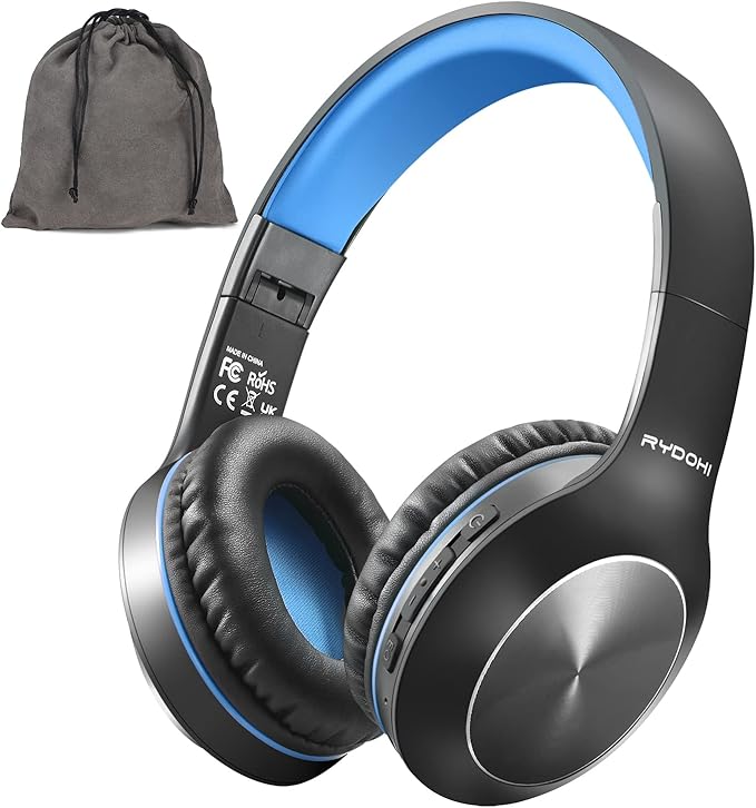 Rydohi Bluetooth Headphones Over Ear, 68H Playtime 3 EQ Music Modes Wireless Headphones with Microphone/Deep Bass, Foldable Lightweight Headset for PC Home Travel Office(Black Blue)
