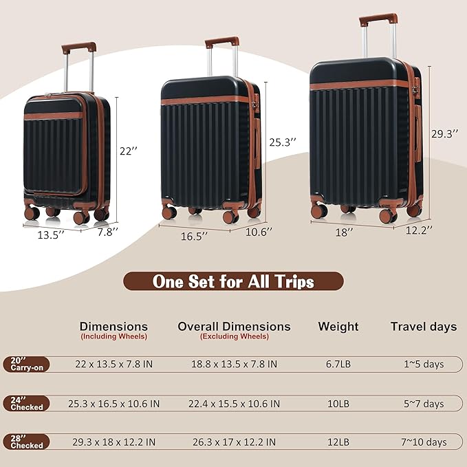 3 Piece Luggage Set ABS Hardshell Lightweight Suitcase Sets with Spinner Wheels and TSA Lock, 20 inch with Front Opening Design and USB Port, 20" Airline Certified Carry-on Luggage, 20"24"28", Black