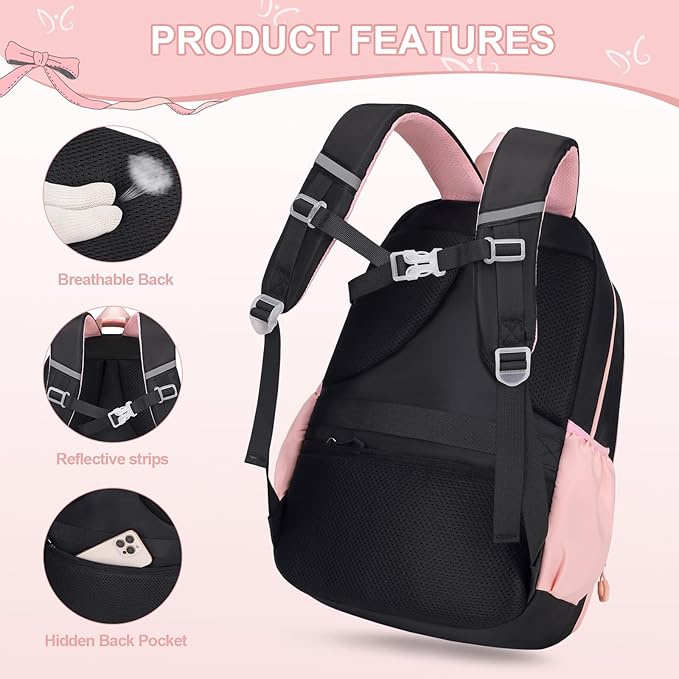 DIGOBAY Backpack for Girls, 3PCS Girls Backpack for School with Lunch Bag Pencil Case, Cute Kids Teens Bookbag for Kindergarten Elementary Preschool Middle School (Black-Pink)