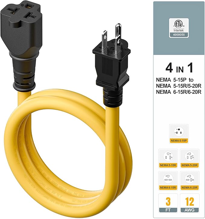 [3-Feet]NEMA 5-15P Extension Cord, Plugrand NEMA 5-15P to 5-15R/ 5-20R/ 6-15R/ 6-20R AC Adapter, 12AWG 15 Amp to 20 Amp T Blade Adapter Cable, 15A 125V to 20A 250V Extension Cord, 3FT