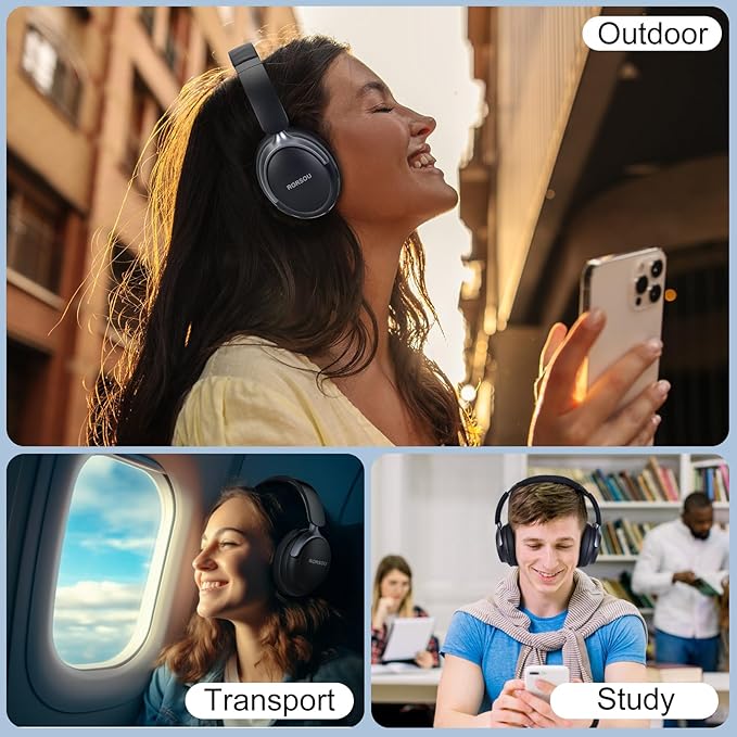B8 Bluetooth Headphones Over Ear, 6 EQ Music Modes and 50H Playtime Deep Bass Wireless Headphones with Mic, Lightweight Folding HiFi Stereo Headset for iPad/Travel/Tablet/PC/Home Space Black