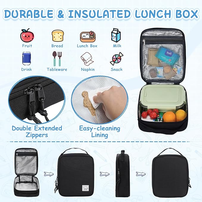VASCHY Kids Backpack Lunch Bag Set, 2-1 School Bookbag Insulated Lunch Box for Toddlers,Preschool,Daycare,Kindergarten,Elementary School Black