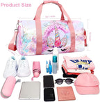 Gym Travel Duffle Bag for Girls - Gymnastics Sports Dance Bag with Shoe Compartment & Wet Pocket Unicorn Kids Travel Bag Teens Weekender Sleepover Carry On Bag