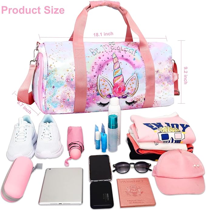 Gym Travel Duffle Bag for Girls - Gymnastics Sports Dance Bag with Shoe Compartment & Wet Pocket Unicorn Kids Travel Bag Teens Weekender Sleepover Carry On Bag