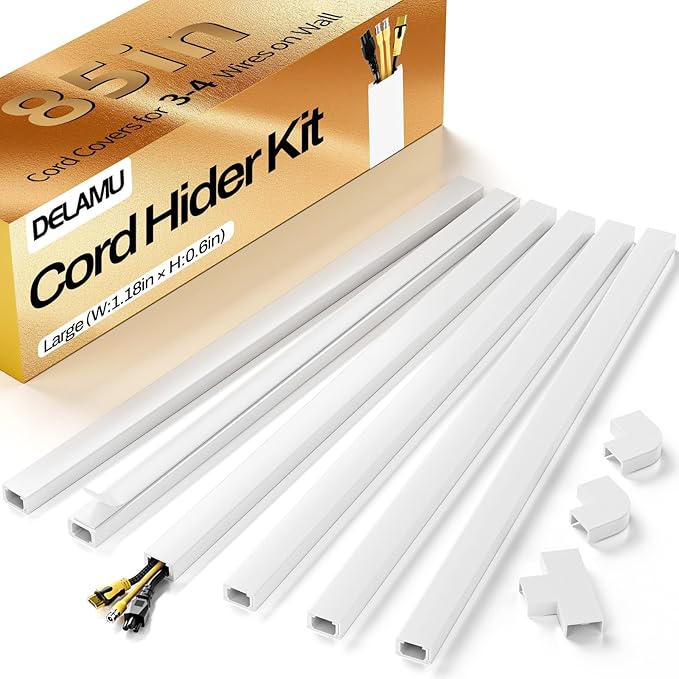 Delamu Cord Hider Wall, 85in Cord Covers for 3-4 Wires on Wall, Cable Hider Wire Hiders Wire Covers for TV Cords on Wall, Easy Mount Cable Cover Management Kit to Hide TV Wires, W1.18 H0.67in, White