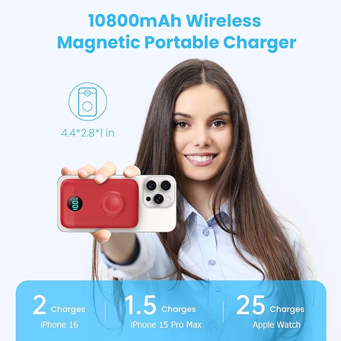 Pxwaxpy Magnetic Portable Charger 10800mAh,4-in-1 Power Bank with iWatch Charger, 25W PD Fast Charging USB C Battery Pack for Magsafe,iPhone 17/16/15/14/13/12 Series,Apple Watch (Red)