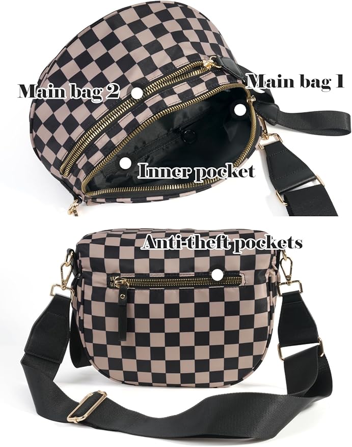 Black and White Checkered Crossbody Bag Bum Bag for Women,Spacious Checkered Purse Fanny Packs Belt Bag