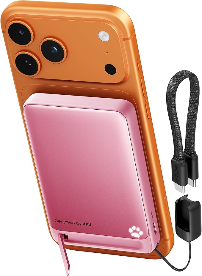 INIU for MagSafe Portable Charger, Original Qi2 Certified Wireless Fast Charging, Slimmest 10000mAh 45W Power Bank with USB C Cable&Stand, TSA Travel Battery Pack for iPhone 17-12 Series, Pretty Pink