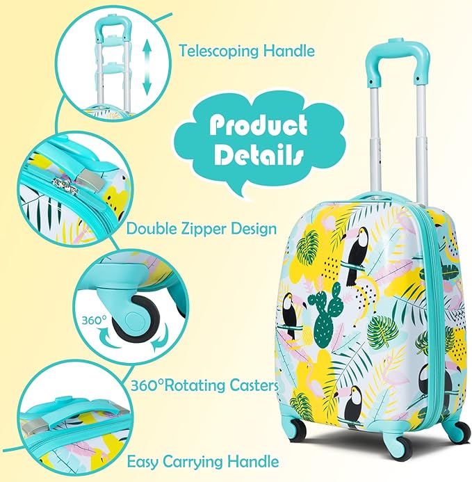BABY JOY 2 PC Kids Luggage, 16" Toddlers Carry-on Suitcase & 12” Backpack Set, Children Travelling Case w/ 4 Casters & Retractable Handle, Lightweight Trolley Case for Boys & Girls (Flamingo)