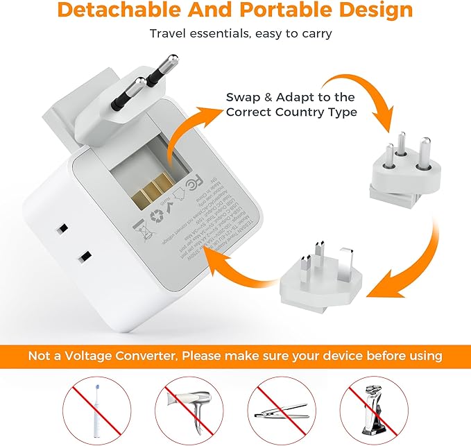 TESSAN European UK India Travel Plug Adapter Kit, International Detachable with 3 Outlet 3 USB(1 USB C), Type C/G/D EU Power Adaptor, US to Europe Italy Spain France Ireland Dubai Maldives