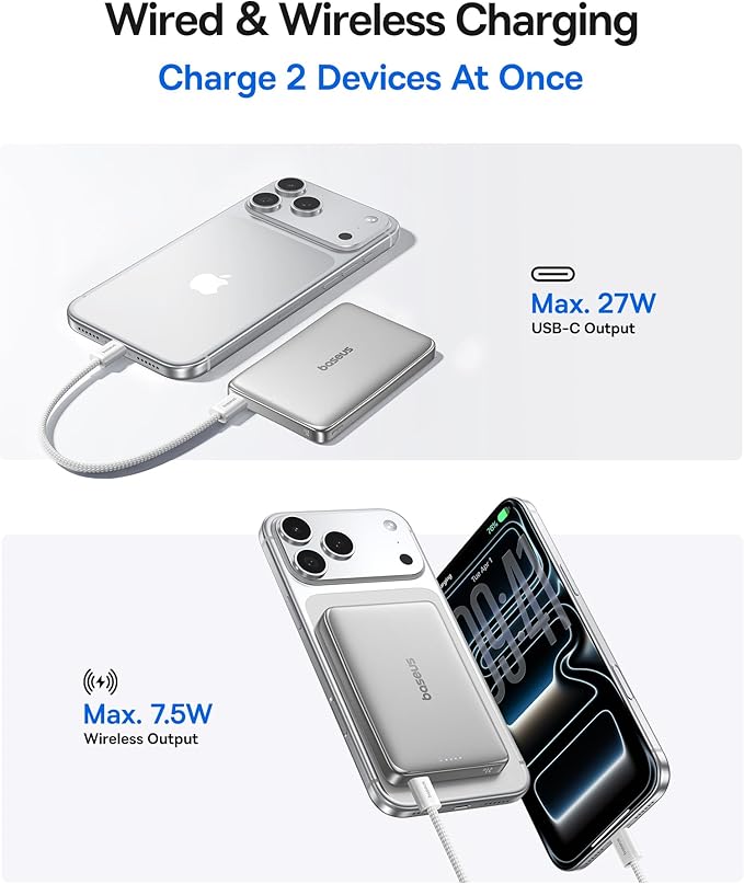 Baseus Picogo Power Bank, 0.5" Ultra Slim 10000mAh MagSafe Portable Charger, Upgraded CCC Certified 27W Fast Charging Magnetic Battery Pack, Alloy Wireless Charger for iPhone 17/16/15/14/13/12