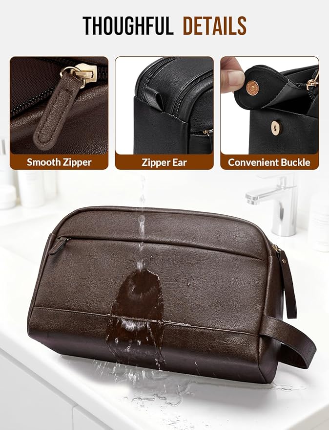 Large PU Leather Toiletry Bag for Men - Water Resistant Travel Bag for Toiletries, Bathroom Essentials, Accessories - Dark Brown