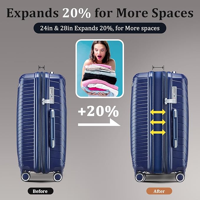 4 Piece Luggage Set, Hardside Expandable Lightweight Suitcase with 360° Mute Spinner Wheels Luggage Sets, TSA Lock, 14/20/24/28 Inch Travel Luggage for Men, Women and Girls (Navy Blue)