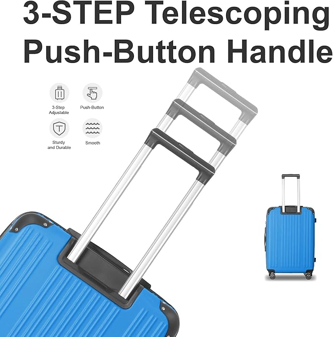 3-Piece Luggage Set 3 (20"/24"/28"), Hardside Suitcases with 8 Spinner Wheels, Scratch-Resistant ABS Shell, set2, set3 Travel Suitcase, TSA Lock (Ribbed Surface, Blue)