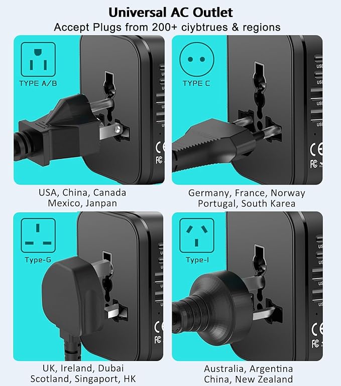 European Travel Plug Adapter, Travel Power Strip for US to EU France Germany Iceland Spain Italy, International Power Adaptor with 2 USB C, 2 USB A and Multi AC Outlets, Travel Essentials
