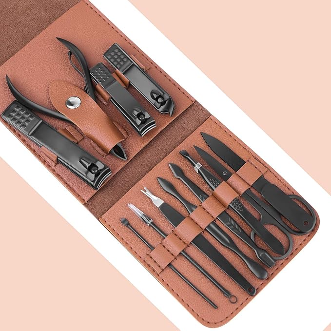Teamkio 12pcs Manicure Set Pedicure Nail Clippers Set Travel Hygiene Kit Stainless Steel Professional Cutter Care Set Scissor Tweezers Knife Ear Pick Tools Grooming Kits with Leather Case