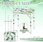 Folding Camping Table 2ft Portable Pinic Table Adjustable Height Small Card Table Aluminum Foldable Lightweight with Carry Handle for Outdoor Indoor Hiking Camp BBQ Beach (Monstera Palm Leaves)