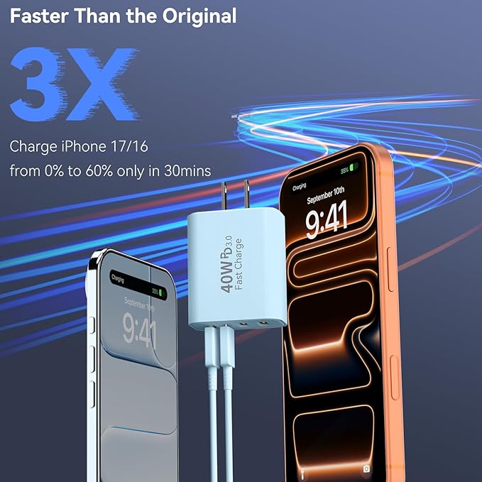 USB C Wall Fast Charger Block, 40W 4-Port Type C Chargers Fast Charging Blocks PD Power Charger Adapter+QC 3.0 USB Multiport Charger Brick for Phone 17/16/15/14/13/12 Pro Max, i-Pad, Galaxy S25-2Pack