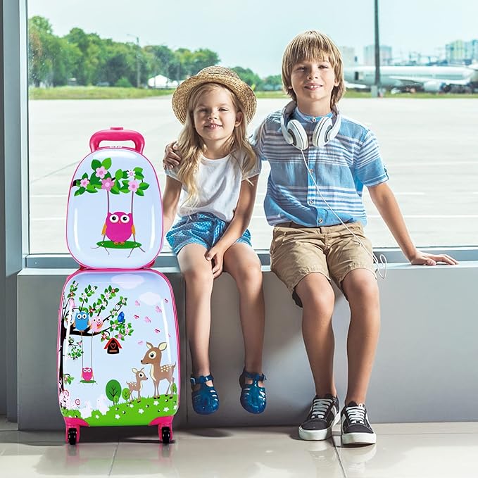BABY JOY 2 PC Kids Luggage, 16" Toddlers Carry-on Suitcase & 12” Backpack Set, Children Travelling Case w/ 4 Casters & Retractable Handle, Lightweight Trolley Case for Boys & Girls (Deer)