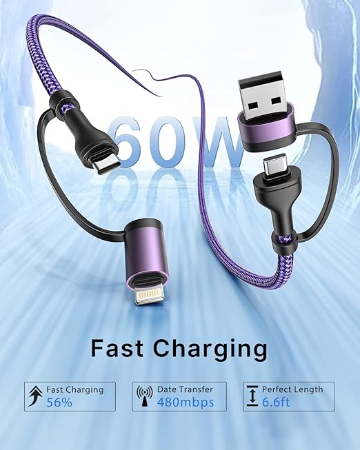 4 in 1 Charging Cable 2Pack 6.6ft 60W Fast Charging USB C Cable 20W iPhone Charger Cord Lightning Cable Multi Charging Cable with Lightning/Type C/USB A Port for iPhone 16 15 14/Samsung/iPad/MacBook