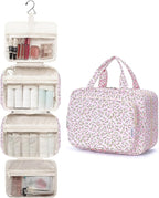 Narwey Travel Toiletry Bag for Women Large Hanging Makeup Bag Organizer Toiletries Bag for Full Size Essentials Accessories Cosmetics (Pink Flower (Large))