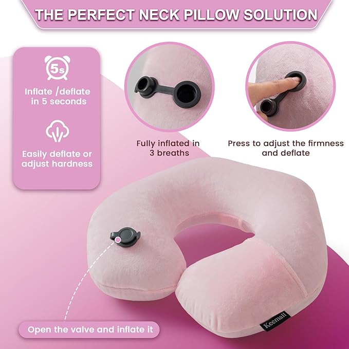 Keemall Inflatable Neck Pillow, Premium Pink U-Shaped Travel Pillow with Soft Washable Cover, Compact Portable Airplane Travel Essentials for Flight, Car and Office, Ideal Travel Gift for Women