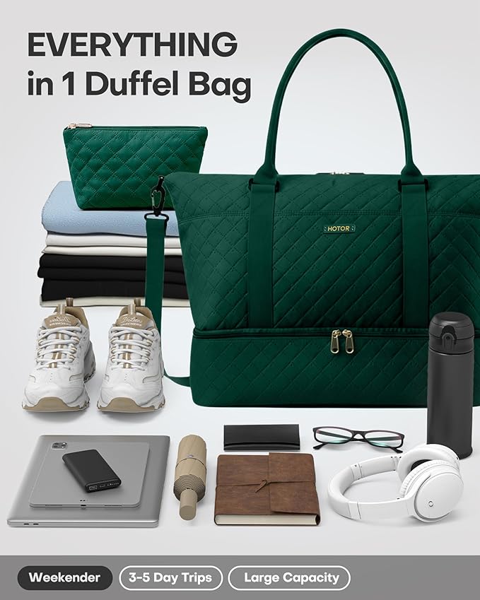 HOTOR Travel Duffel Bag - Weekender Bags for Women, Gym Tote Bags with Shoe Compartment, Carry On Overnight Bag with Toiletry Bag for Travel Essentials Travel Accessories, Dark Green, 13.4"×17.3"×7.9"