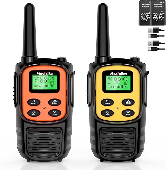 MaxTalker Walkie Talkies for Adults 2 Pack Long Range Rechargeable 2 Way Radios, Hiking Accessories Camping Gear Xmas Gift for Kids with 22 FRS Channel Radios, Lamp,VOX,Li-ion Battery,NOAA