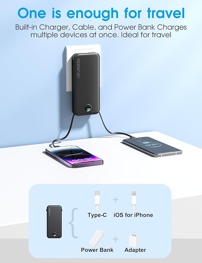 Portable Charger, 10000mAh PD20W Fast Charging Power Bank with Built-in Cables & Wall Plug, External Battery Pack with LED Display, Travel Essentials Battery Bank for iPhone, iPad, Samsung Matte Black