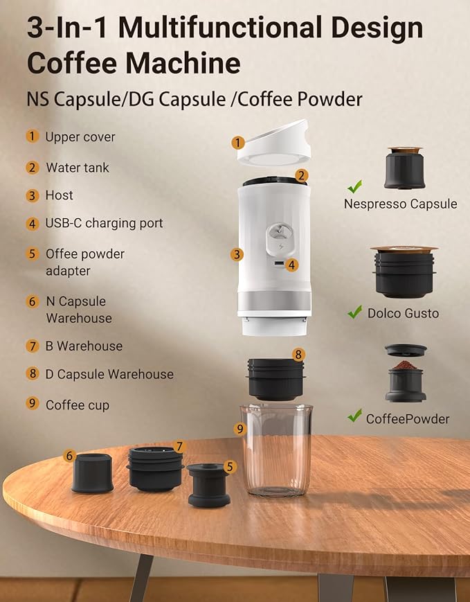 Portable Electric Espresso Machine, 3 IN 1 Self-Heating Travel Coffee Maker for Ground Coffee, NS Capsule&DG Capsule, 20 Bar Portable Coffee Maker with 9600mAh Battery for RV/Hiking/Office/Camp