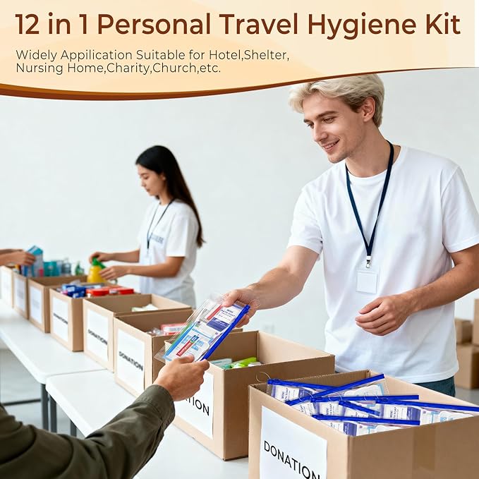 5 Set Personal Hygiene Kit Bulk,12-IN-1 Individually Wrapped Blue Basic Toiletry Supplies Disposable Travel Toothbrushes and Hotel Vanity Set for Homeless,Guests,Charity