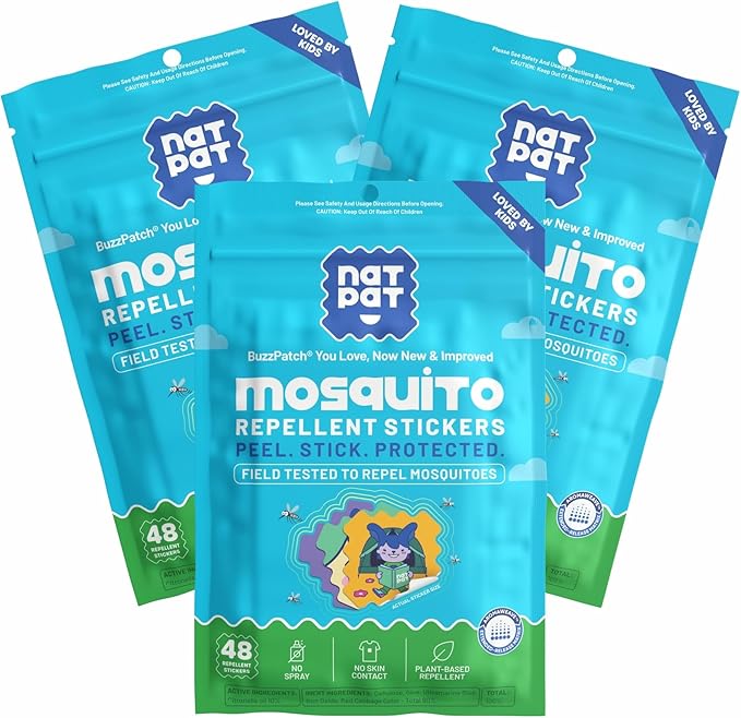 NATPAT BuzzPatch Mosquito Patch Stickers for Kids - All Natural, Plant Based Ingredients, Non-Toxic, DEET Free, Citronella Insect Patches, for Toddlers, Babies, Children (3 Pack, 144 Units)