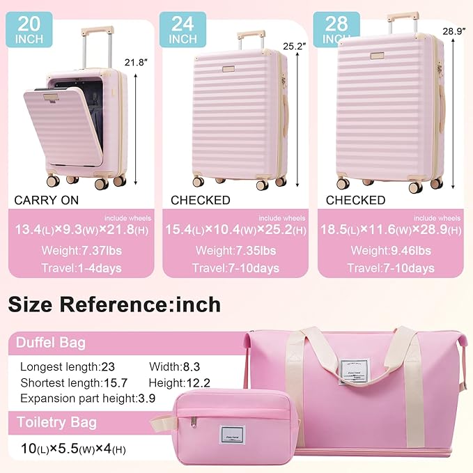 5 Piece Luggage Set w/TSA Locks & USB Port, Front Opening Hard Shell Luggage Sets, Expandable Suitcase Set with Wheels and Cup Holder(20"/24"/28") (Pink)