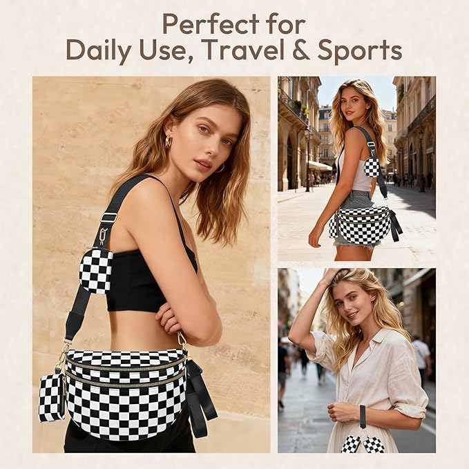 Cross Body Bag for Women Checkered Crossbody Bags Bum Bags for Women Fanny Packs for Girls Small Nylon Checkered Purse Trendy Shoulder Bag (RS-YB-Checkered Black White, One Size)