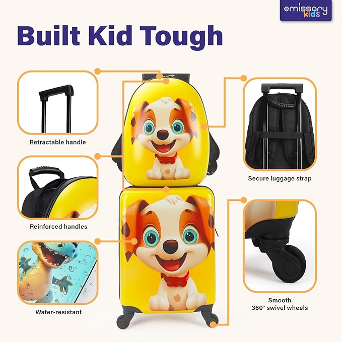 emissary Kids Luggage with Wheels, Hardside Toddler Carry On Suitcase Set, Lightweight Rolling Travel Bag for Boys and Girls, Airline Approved Travel Gifts - Puppy