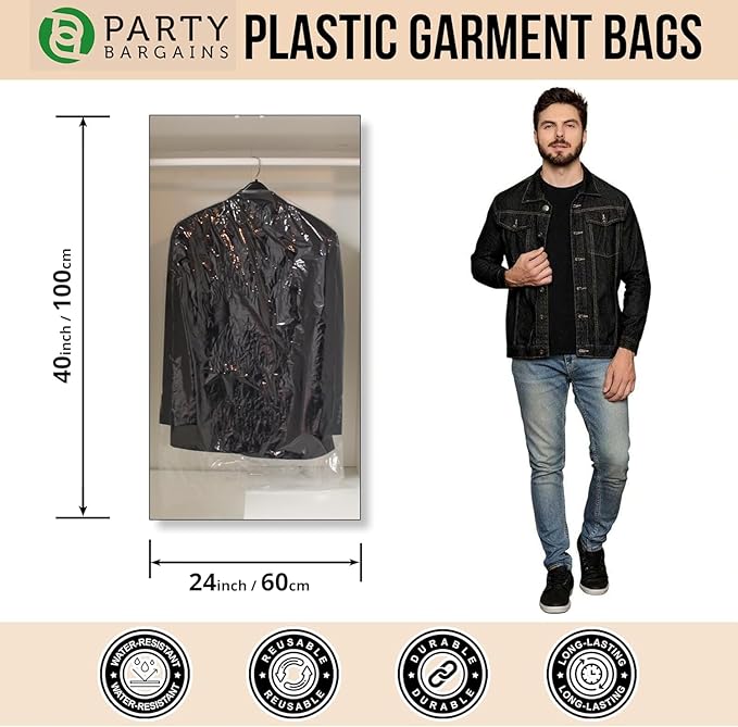 PARTY BARGAINS 40 x 25 Inch Disposable Clear Garment Bags, 100 Pack – Heavy-Duty Plastic Clothes Covers for Suits Dresses Coats, Closet & Travel